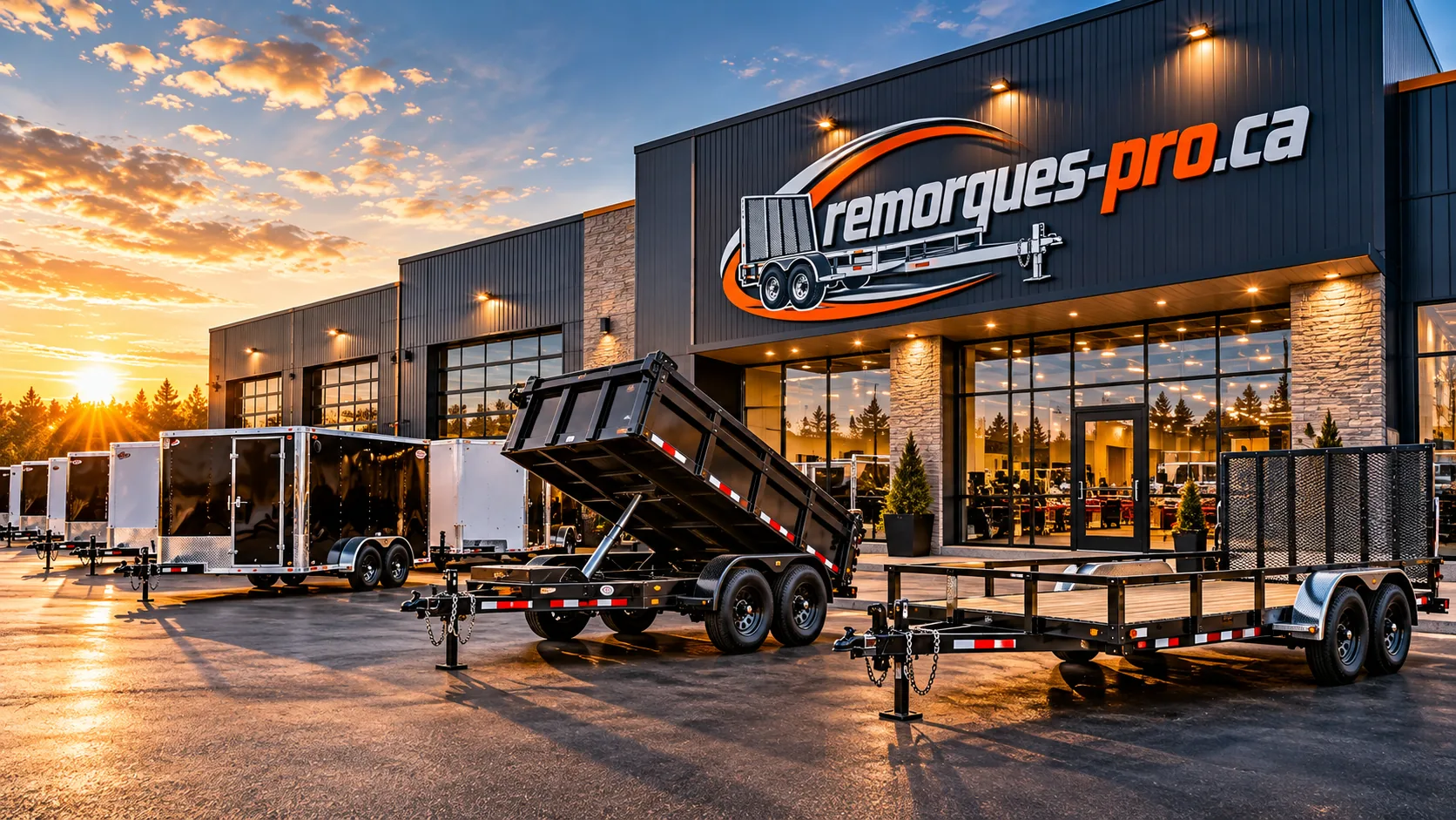 Cour d'un commerce de remorques au coucher du soleil, remorques fermées, basculante et utilitaire alignées