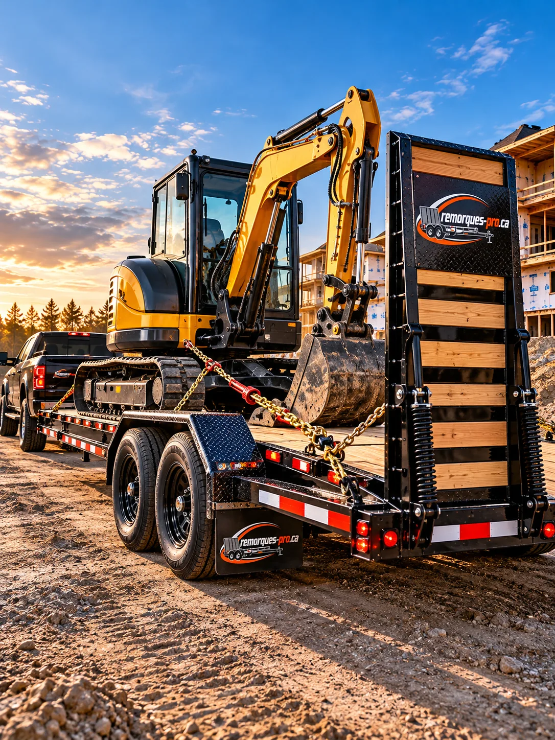 Mini-excavatrice arrimée par chaînes sur une remorque à rampe sur un chantier